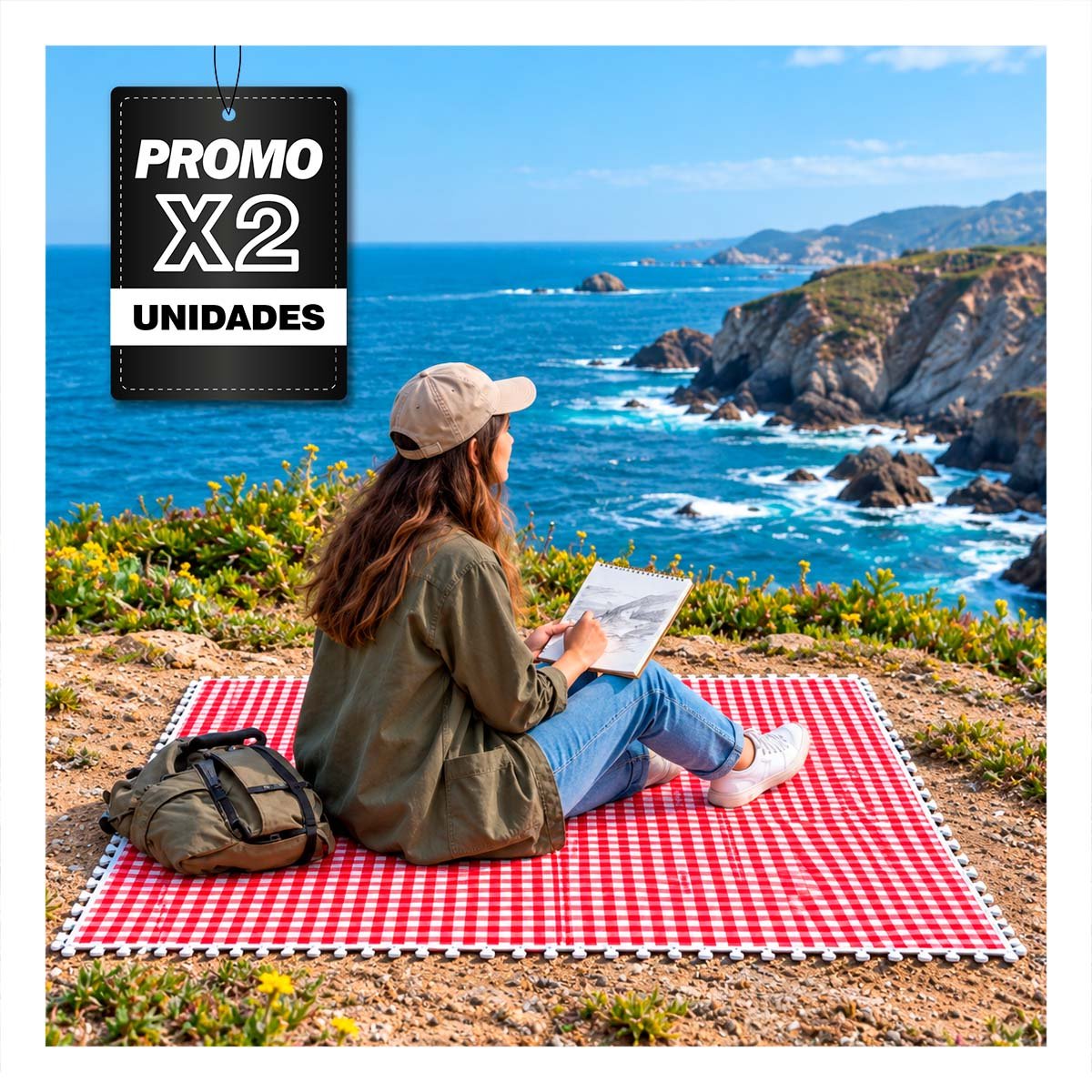 PACK2 CUBIERTA PICNIC CON BORDE DE MINI POMPONES PARA COMPARTIR ROJO Y BLANCO YPAPEL REGALO - 1