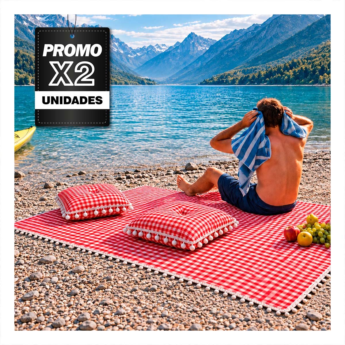 PACK2 ALFOMBRA PICNIC Y COJINES PARA PASEOS BORDE DE MINI POMPONES ROJO Y BLANCO YPAPEL REGALO - 1