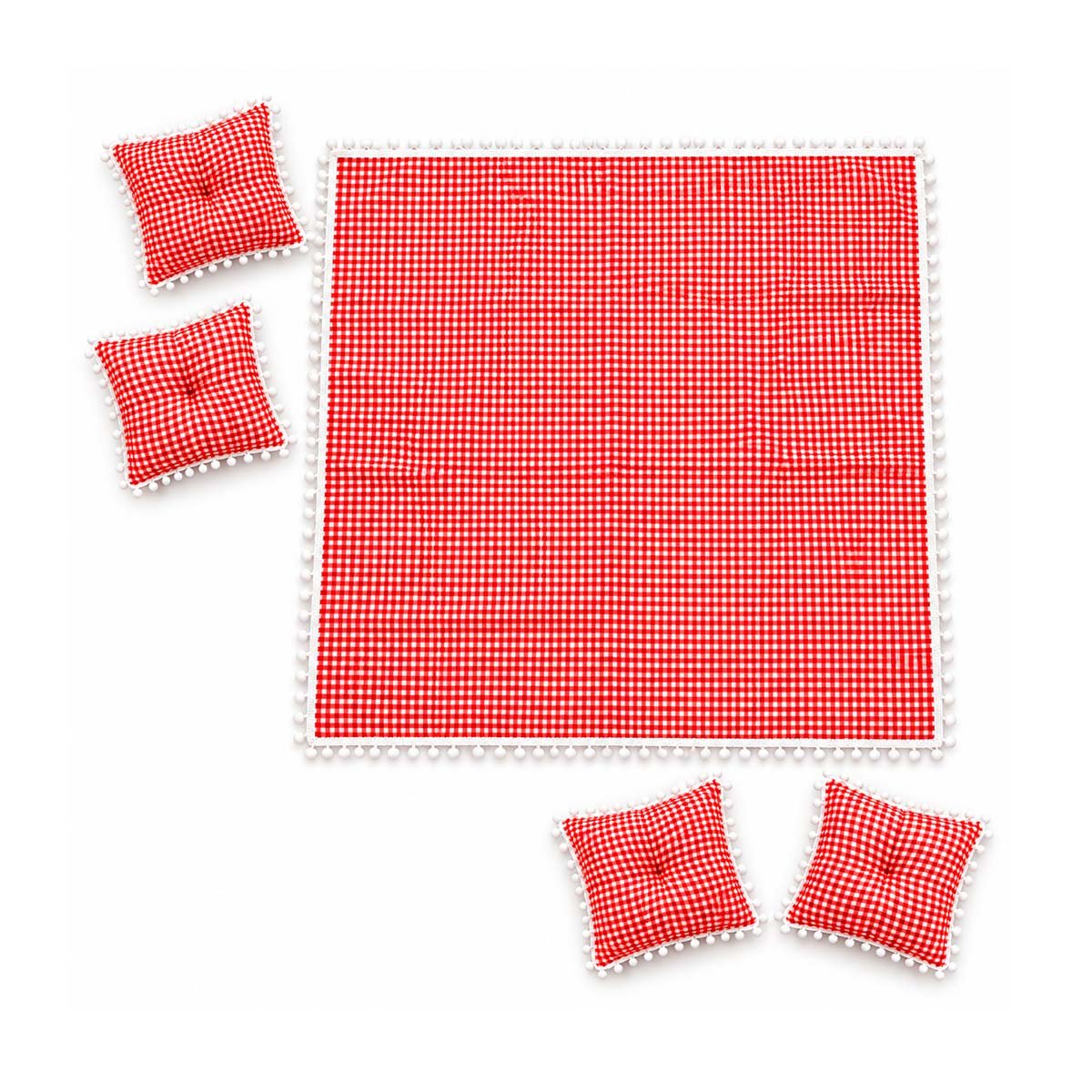 CUBIERTA PICNIC Y 4 COJINES CON BORDE DE MINI POMPONES JARDIN ROJO Y BLANCO Y STICKY - 1