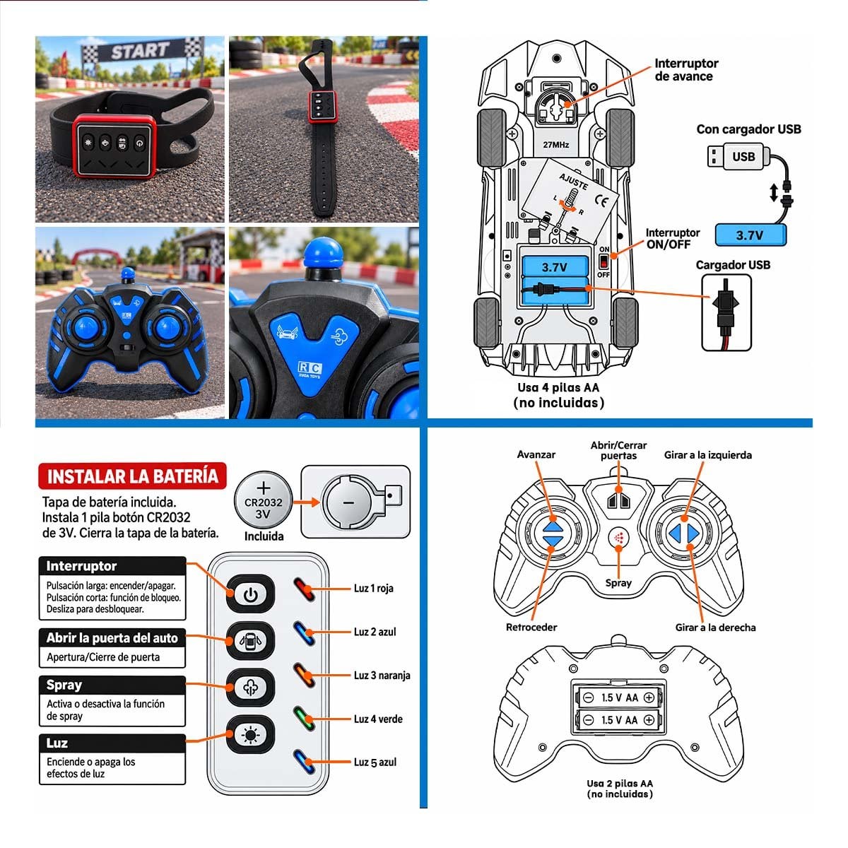 PACK2 CARRO A CONTROL REMOTO Y RELOJ SENSOR DE MOVIMIENTO PARA NINO COLOR AZUL YPAPEL REGALO - 3