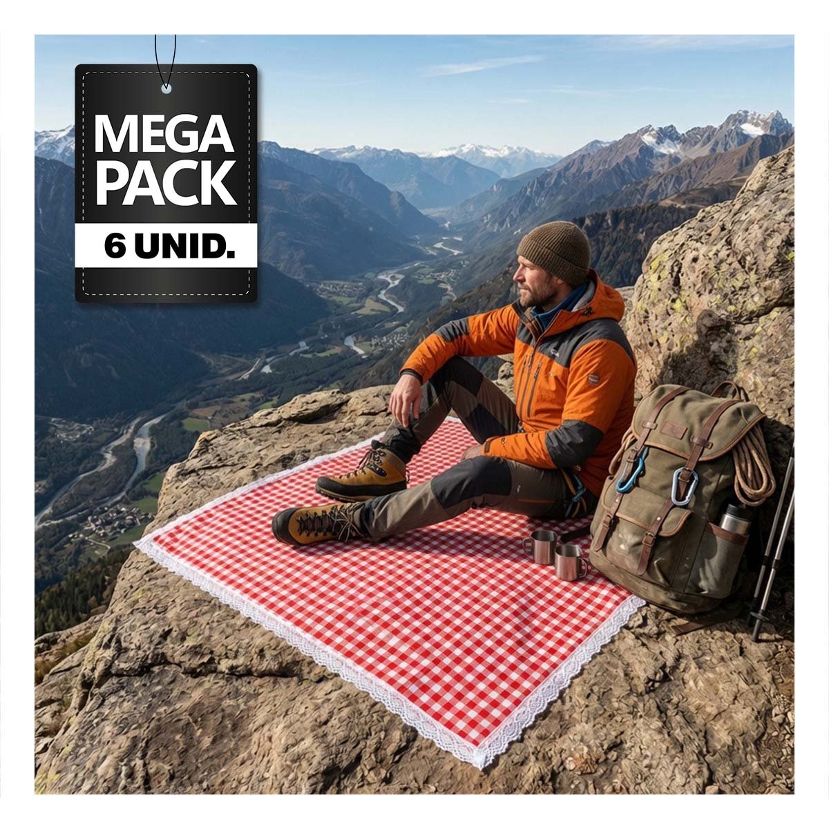PACK6 MANTA PICNIC PARA JARDIN CON BORDE DE ENCAJE Y ESTILO UNICO ROJO Y BLANCO YPAPEL REGALO - 1
