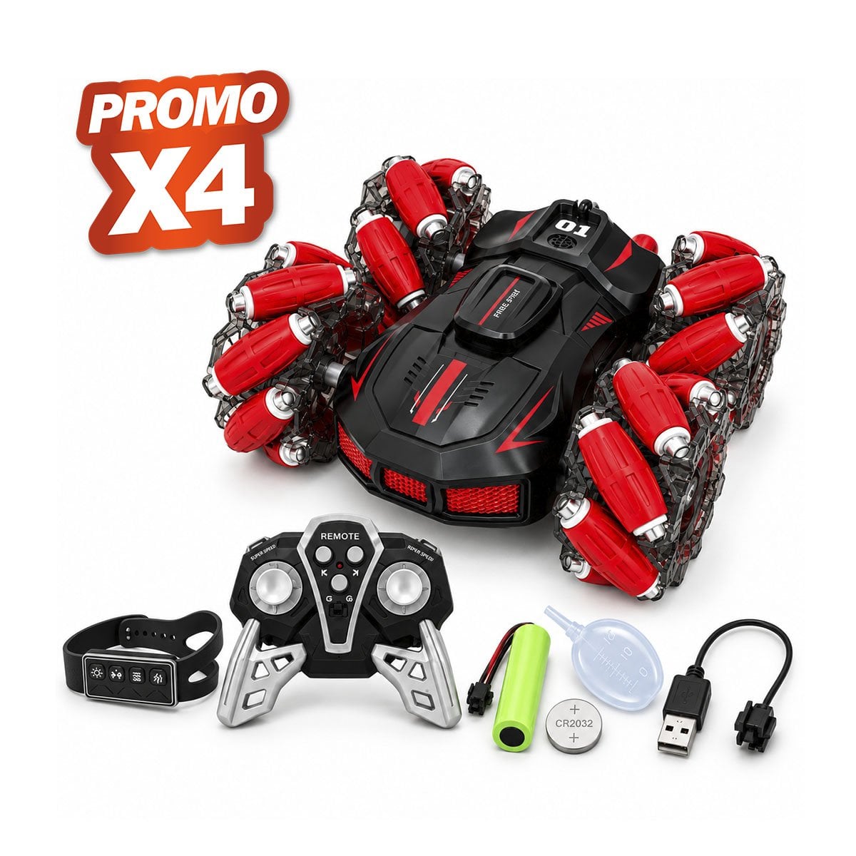 PACK4 MOVIL ACROBATICO CON CONTROL REMOTO Y RELOJ CONTROL PARA NINO COLOR ROJO YREGALO STICKER - 1
