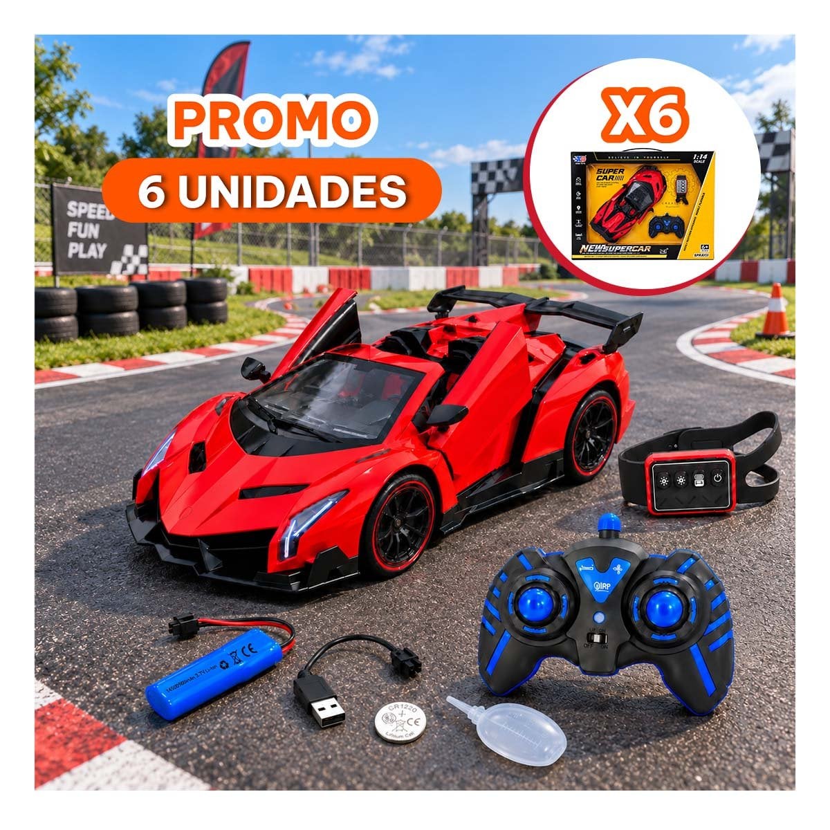 PACK6 AUTO A CONTROL REMOTO CON RELOJ DE PULSERA PARA NINOS DE JUGUETES EN COLOR ROJO - 1