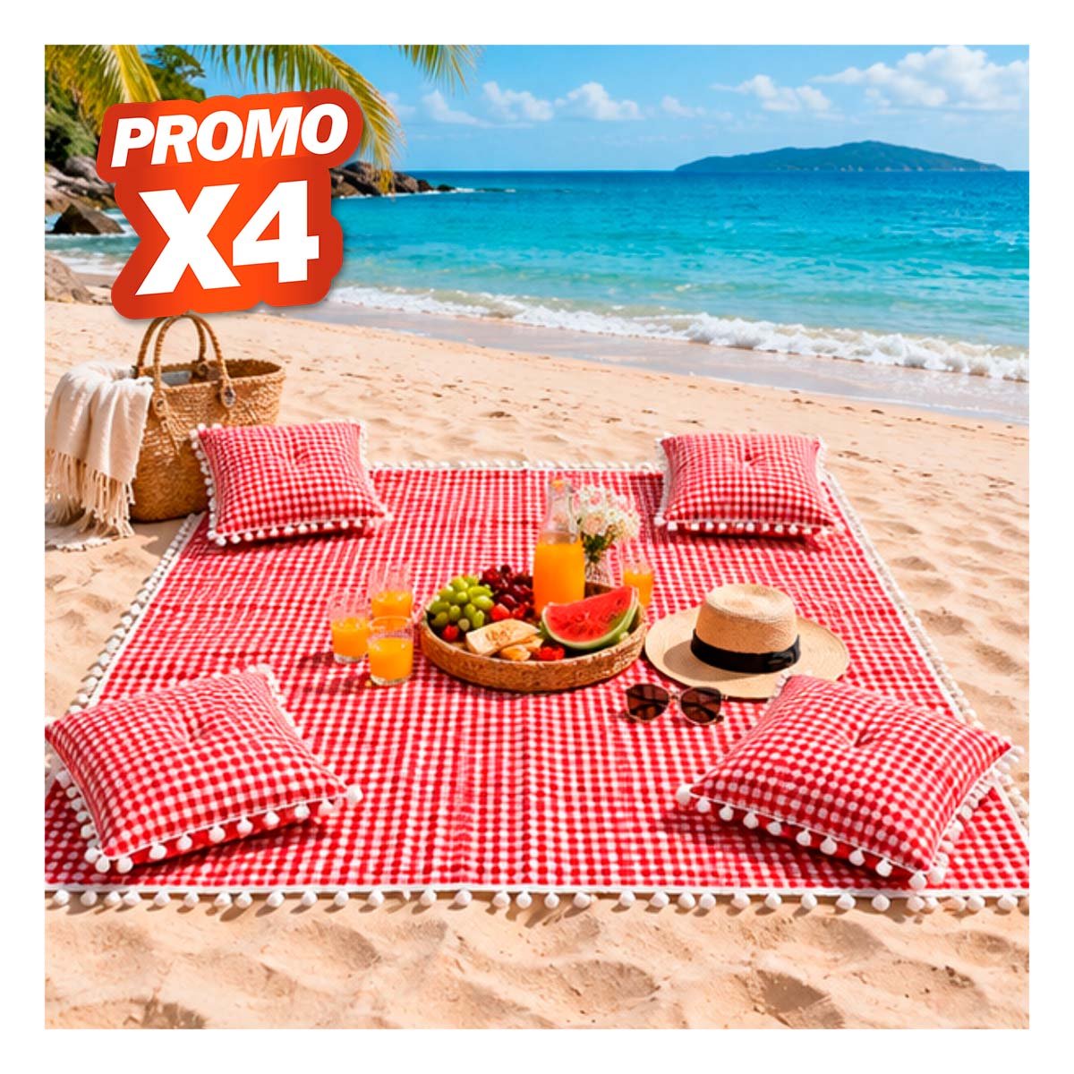 PACK4 MANTA PICNIC Y 4 COJINES PARA SALIDAS CON BORDE DE MINI POMPONES YREGALO STICKER - 1