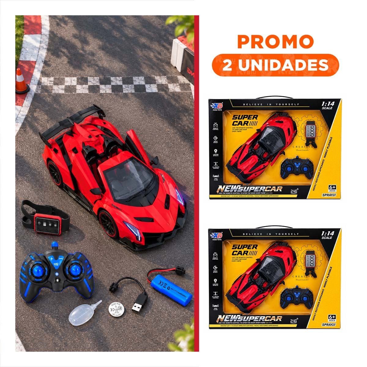 PACK2 CARRO A CONTROL REMOTO CON RELOJ DE PULSERA PARA NINOS DE JUGUETE EN CASA ROJO - 1