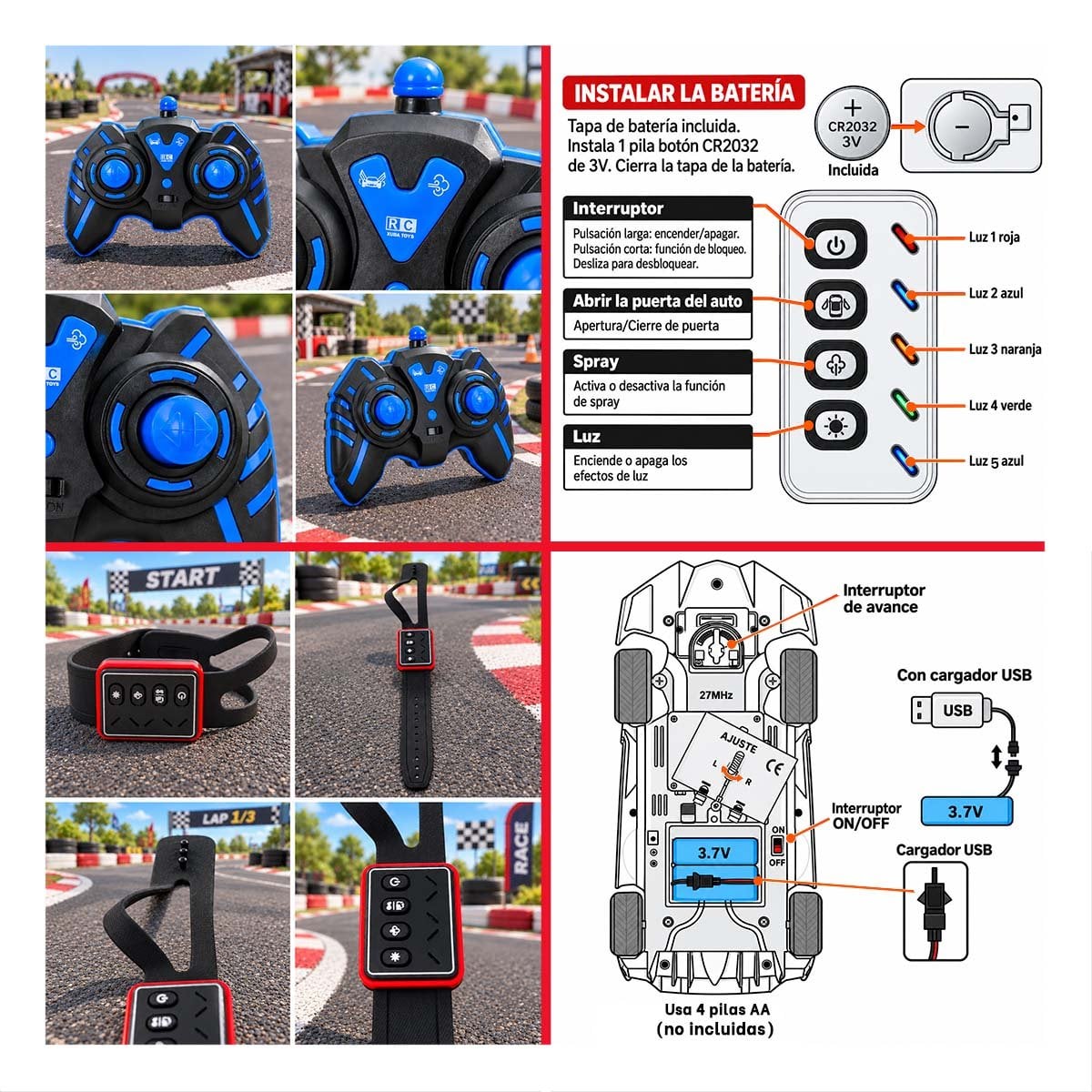 PACK2 CARRO A CONTROL REMOTO CON RELOJ DE PULSERA PARA NINOS DE JUGUETE EN CASA ROJO - 4