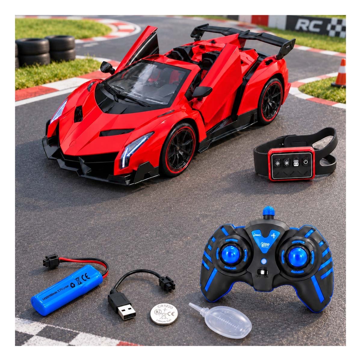 AUTO A CONTROL REMOTO CON RELOJ DE PULSERA DE JUGUETE DE VELOCIDAD EN ROJO Y PAPEL REGALO - 1
