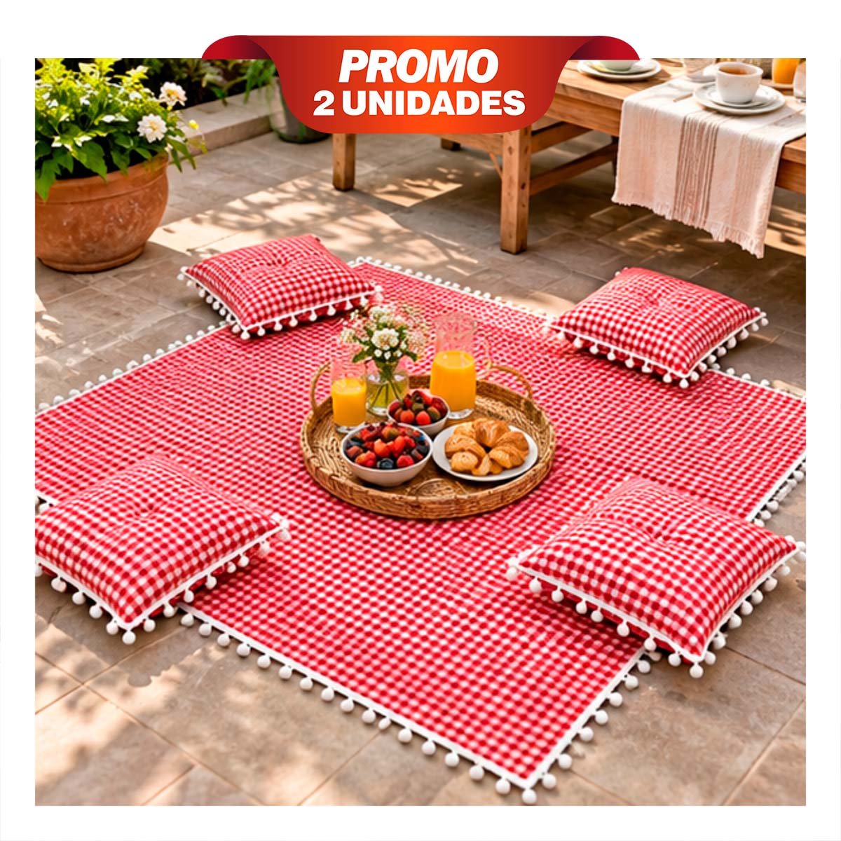 PACK2 LONA PICNIC Y 4 COJINES CON BORDE DE MINI POMPONES CAMPO ROJO Y BLANCO YREGALO STICKER - 1