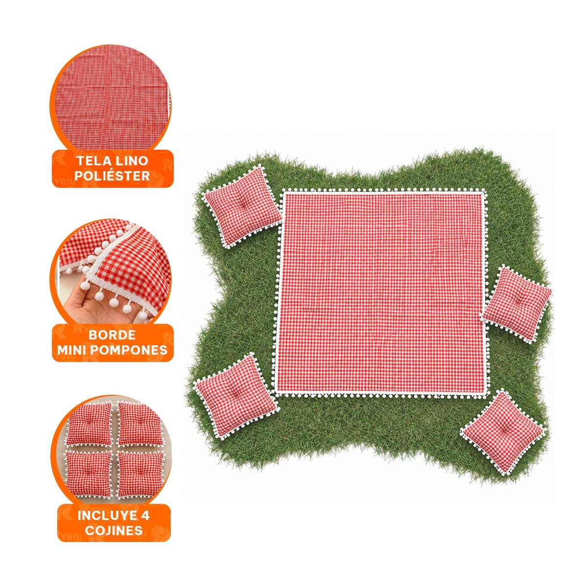 PACK2 LONA PICNIC Y 4 COJINES CON BORDE DE MINI POMPONES CAMPO ROJO Y BLANCO YREGALO STICKER - 4