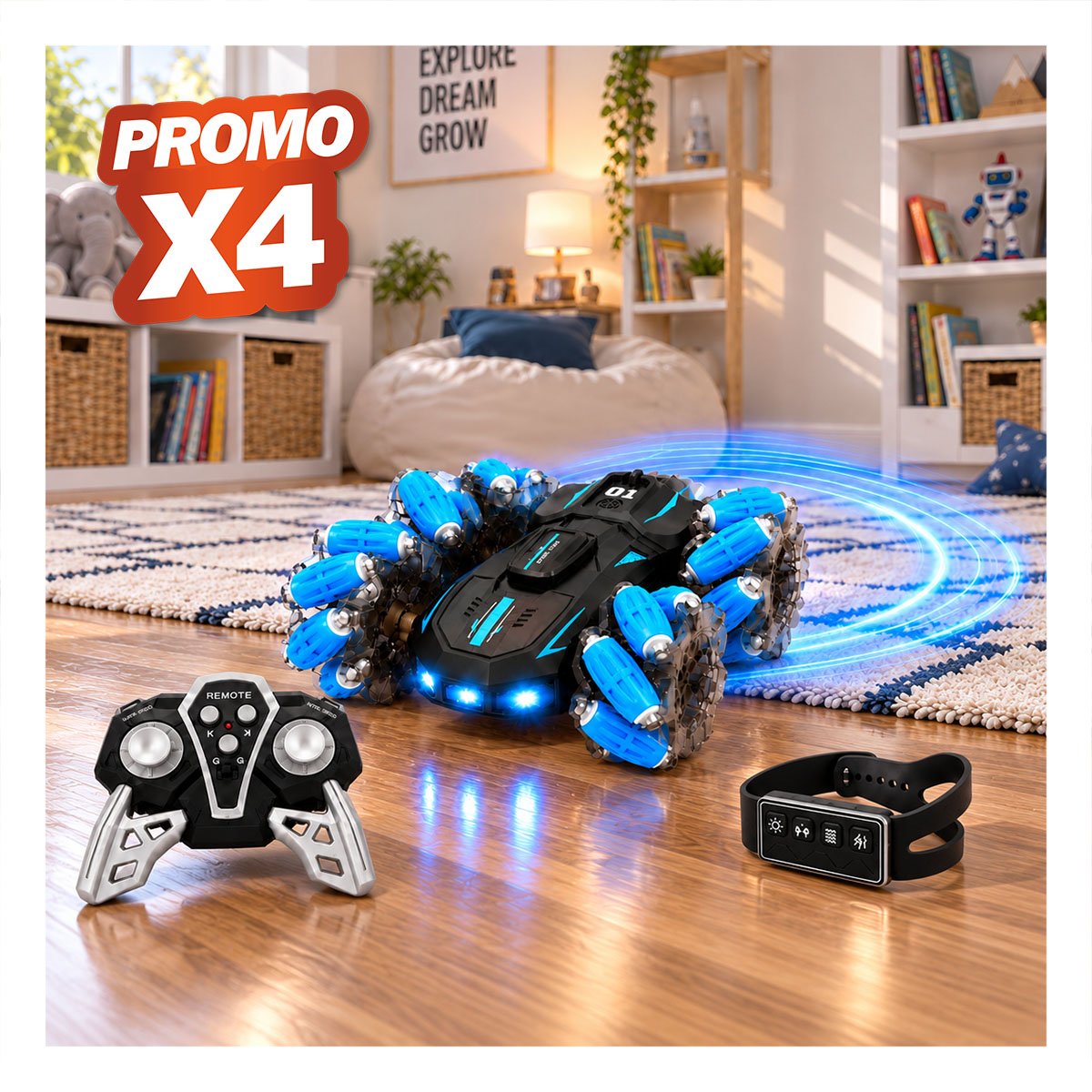 PACK4 MOVIL ACROBATICO CON CONTROL REMOTO Y RELOJ CONTROL PARA NINOS CON LUCES YREGALO STICKER - 1