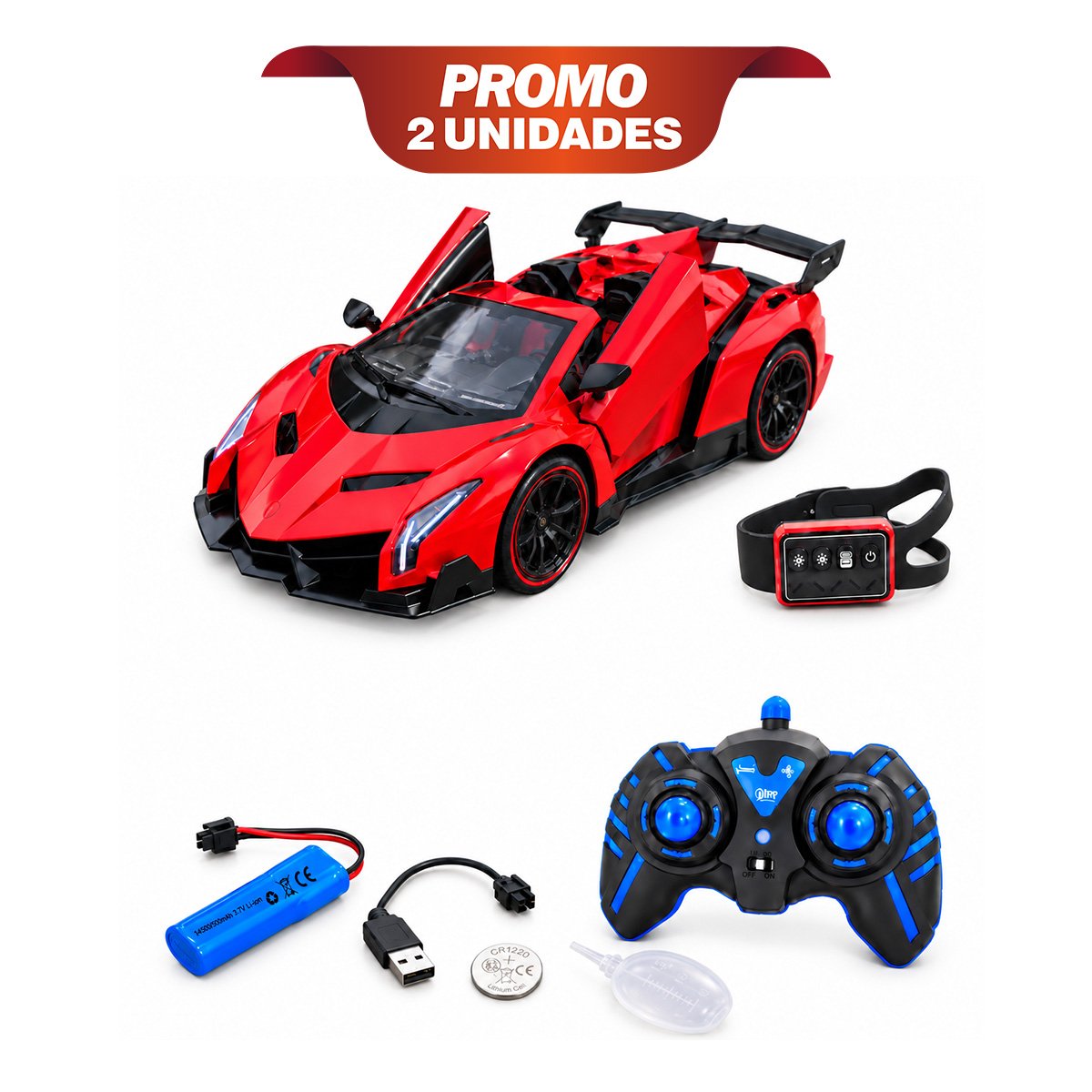 PACK2 VEHICULO A CONTROL REMOTO CON RELOJ PULSERA PARA NINOS DE JUGUETES ROJO YREGALO STICKER - 1