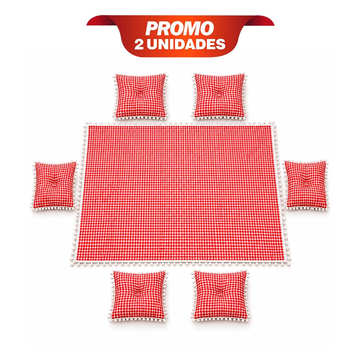 PACK2 CUBIERTA PICNIC Y 6 COJINES CON BORDE MINI POMPONES PASEOS ROJO Y BLANCO YREGALO STICKER - 1