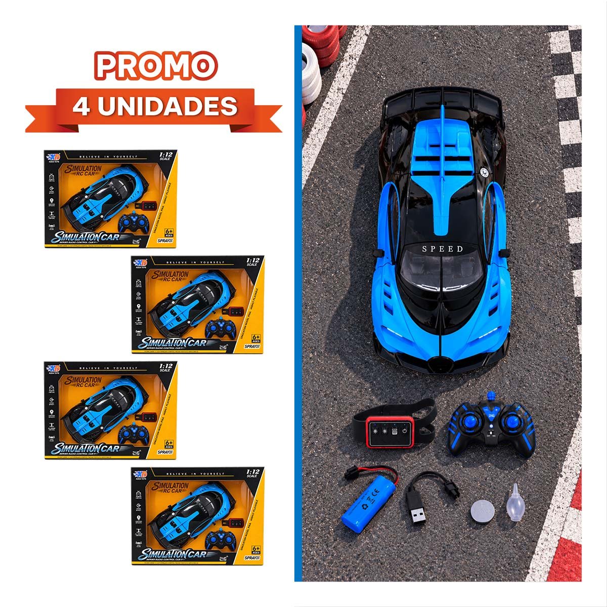 PACK4 COCHE A CONTROL REMOTO Y RELOJ DE PULSERA INFANTIL PARA NINOS COLOR AZUL - 1