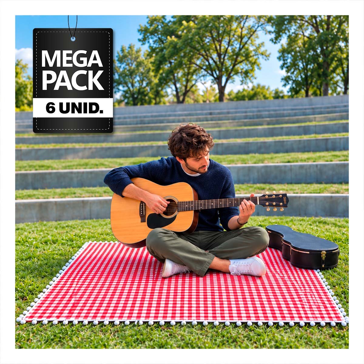 PACK6 ALFOMBRA PICNIC PARA TIEMPOS LIBRES BORDE DE MINI POMPONES ROJO Y BLANCO YPAPEL REGALO - 1