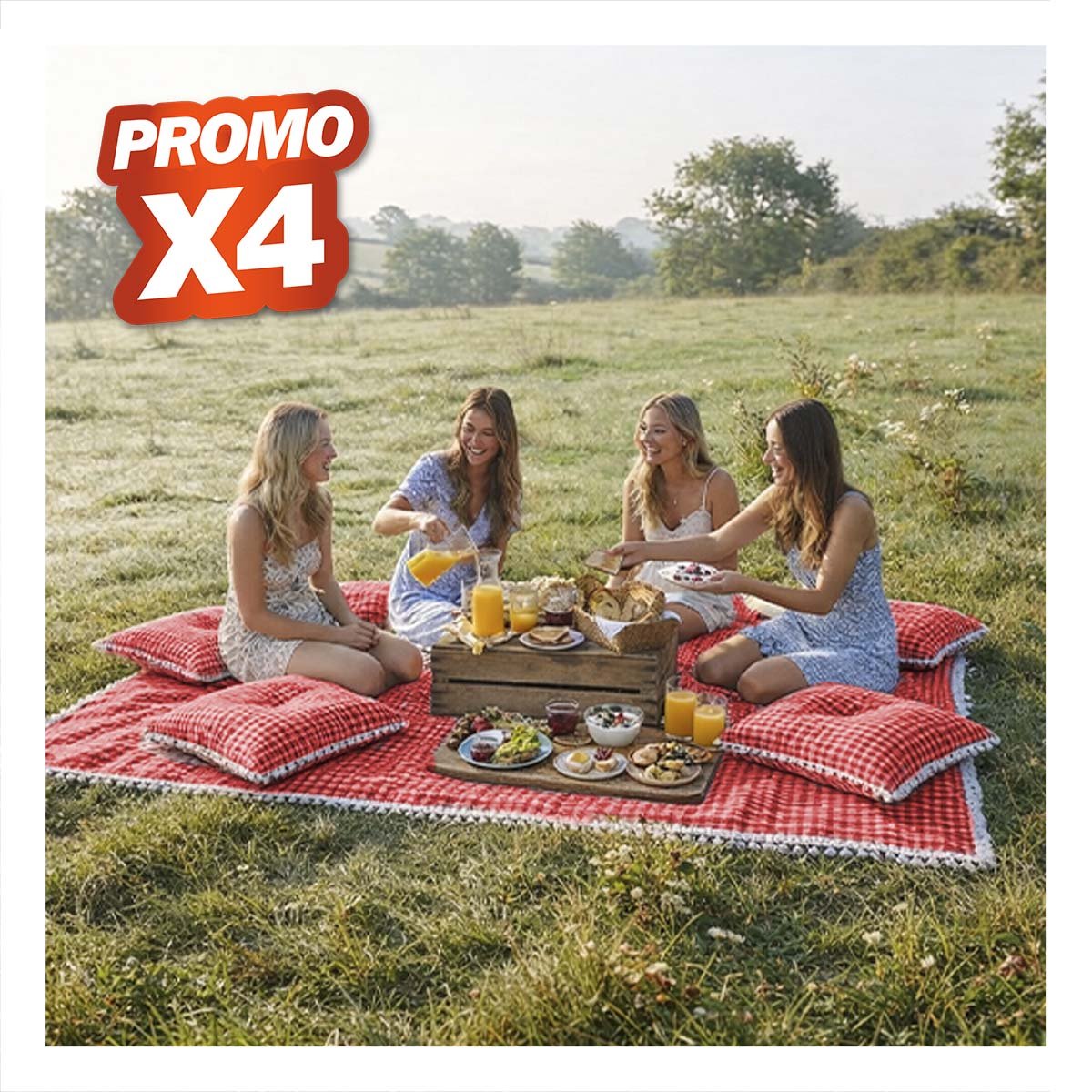 PACK4 MANTA PICNIC Y 6 COJINES CON BORDE MINI POMPONES PASEOS ROJO Y BLANCO YREGALO STICKER - 1