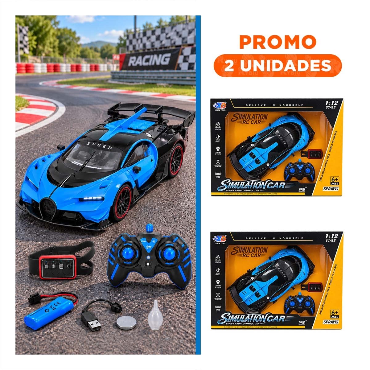 PACK2 AUTO A CONTROL REMOTO AZUL Y RELOJ DE PULSERA CON SENSOR RECARGABLE PARA NINOS - 1