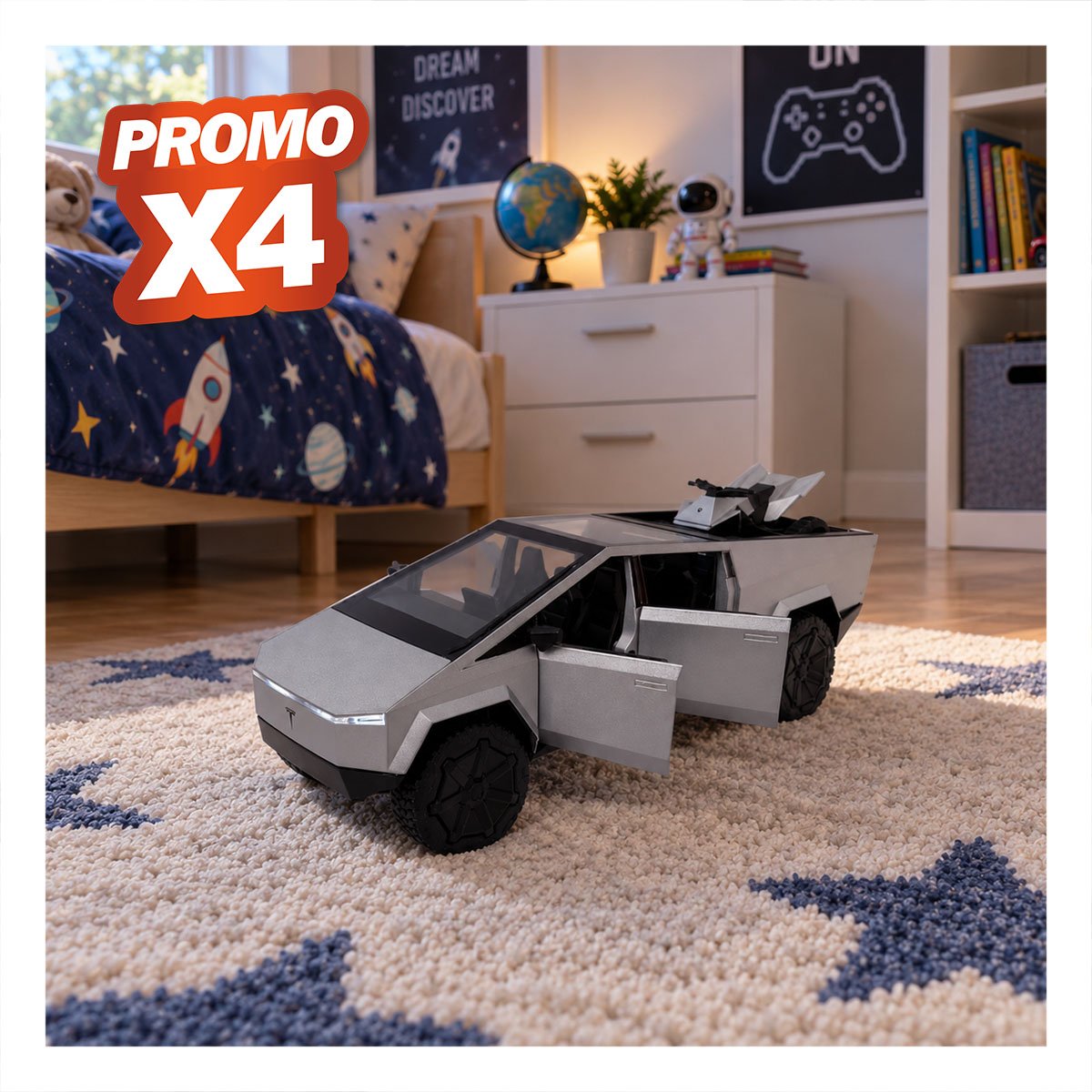 PACK4 MOVIL CYBERTRUCK A CONTROL REMOTO DE JUGUETE PARA NINOS EN LA PISTA YPAPEL REGALO - 1