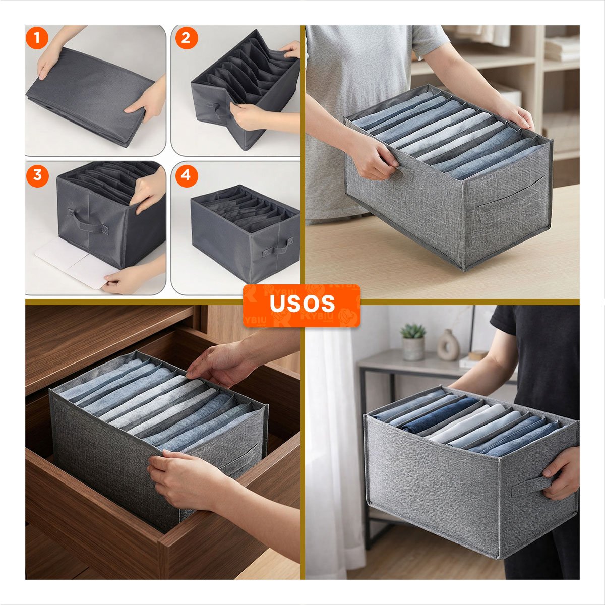 CAJA ORGANIZADORA DE TELA CON 9 ESPACIOS PARA ROPA Y CLOSET EN COLOR PLOMO Y STICKY - 3