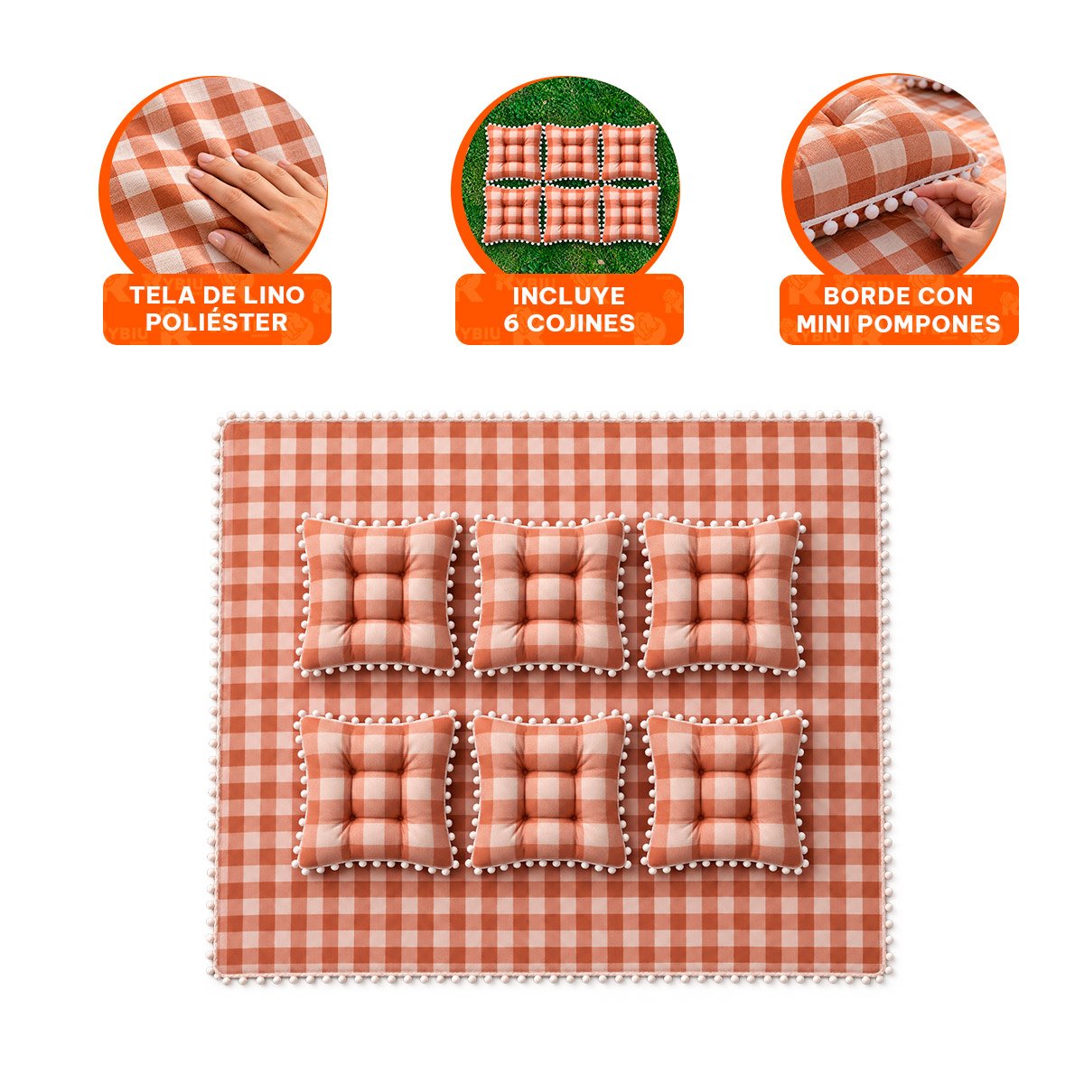 ALFOMBRA PICNIC Y 4 COJINES CON POMPONES PARA USO EN LA CASA Y EL JARDIN Y PAPEL REGALO - 4