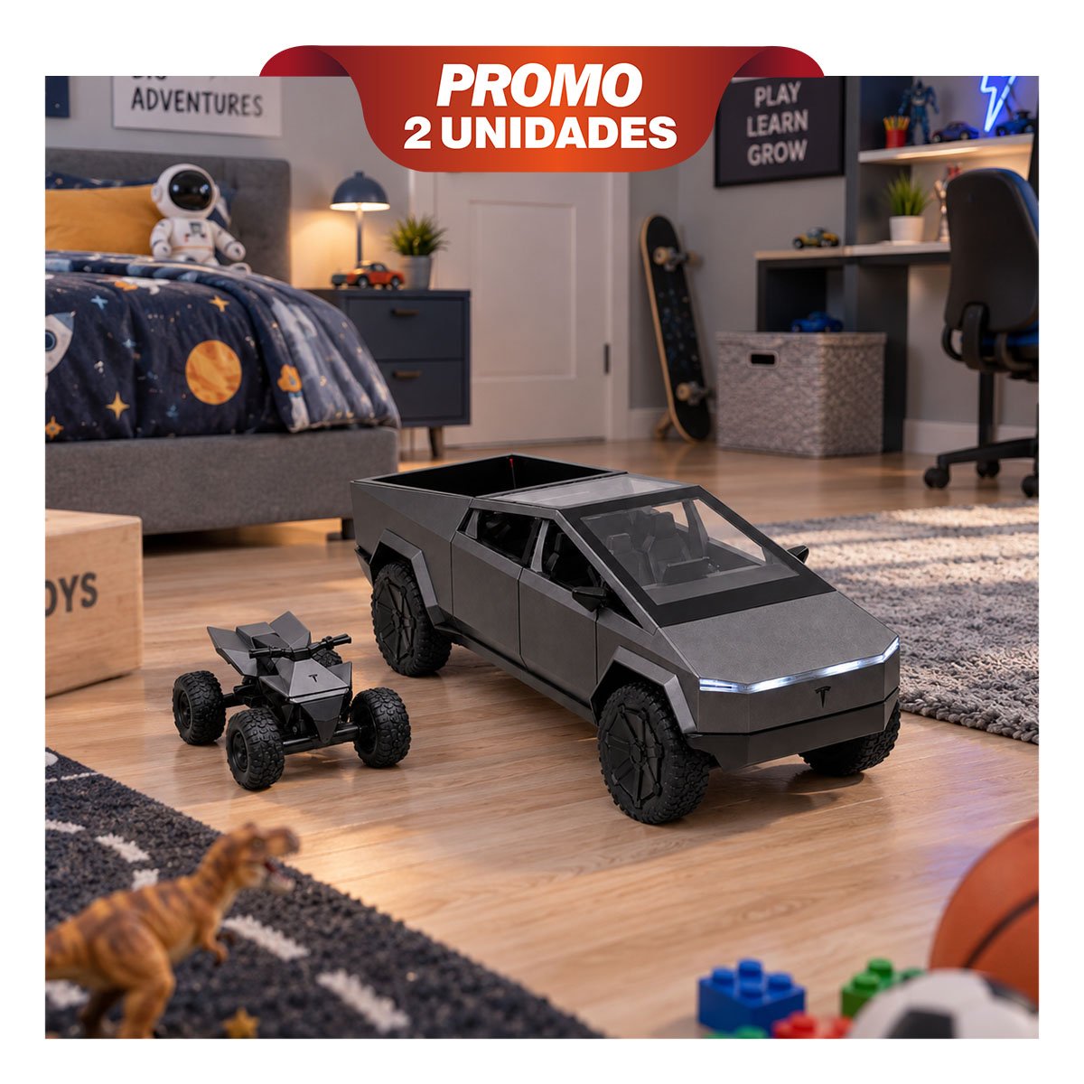 PACK2 BOLIDO CYBERTRUCK A CONTROL REMOTO RECARGABLE NINOS EN PLOMO OSCURO YPAPEL REGALO - 1