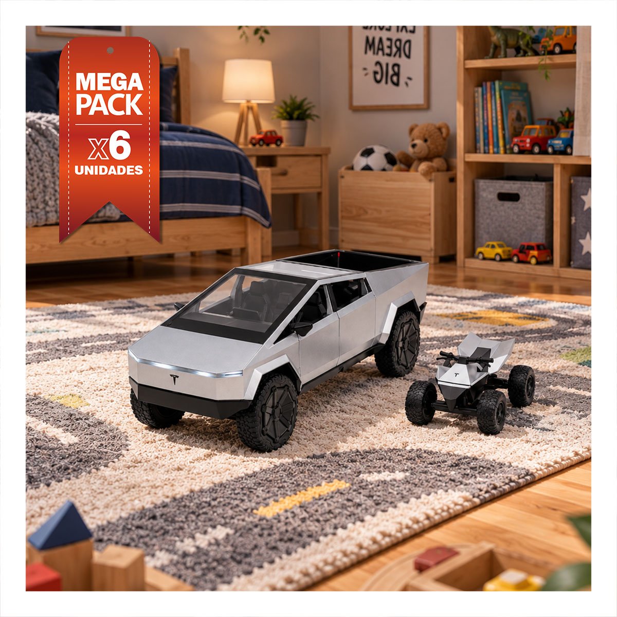 PACK6 CARRO CYBERTRUCK A CONTROL REMOTO DE JUGUETE PARA NINOS EN EL HOGAR YPAPEL REGALO - 1