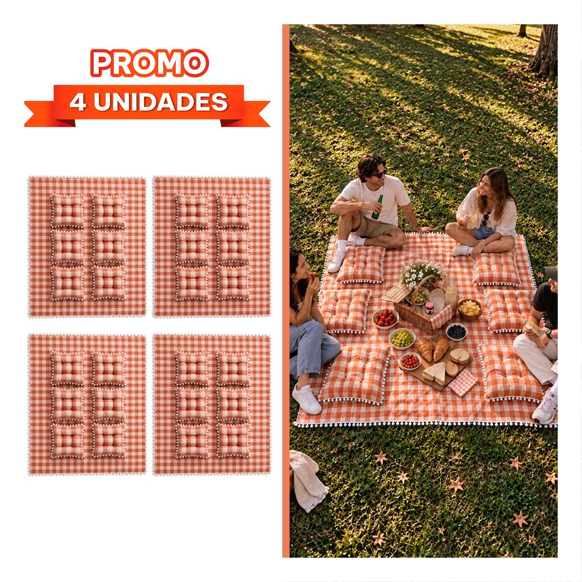 PACK4 LONA PICNIC Y 4 COJINES CON POMPONES PARA COMPARTIR CON LA FAMILIA EN EL JARDIN - 1