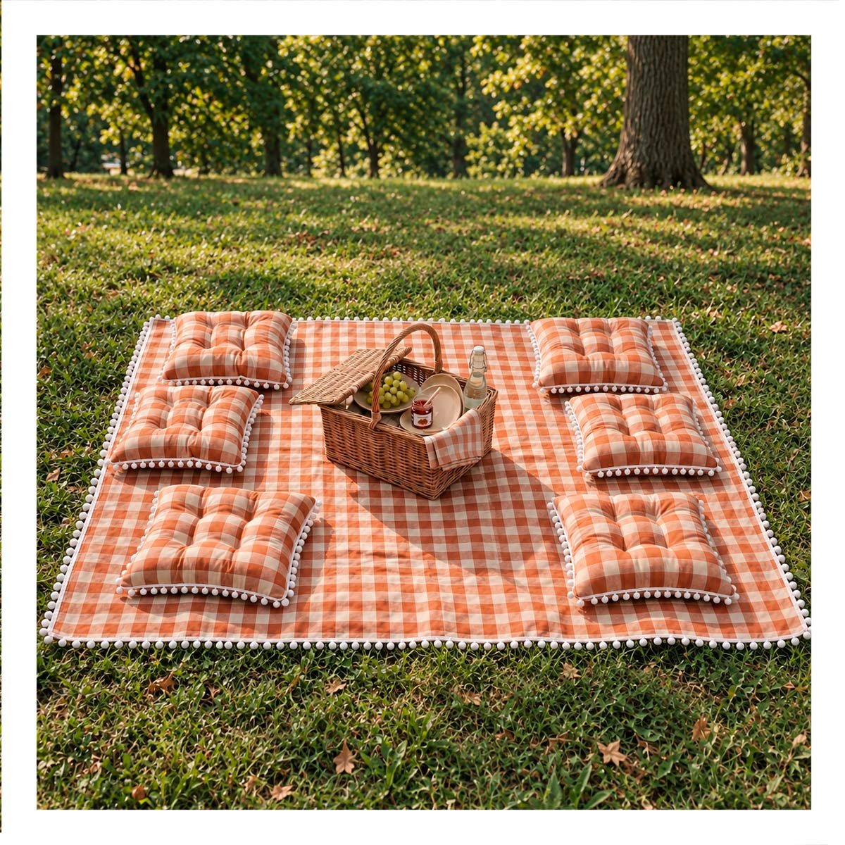 PACK4 LONA PICNIC Y 4 COJINES CON POMPONES PARA COMPARTIR CON LA FAMILIA EN EL JARDIN - 2