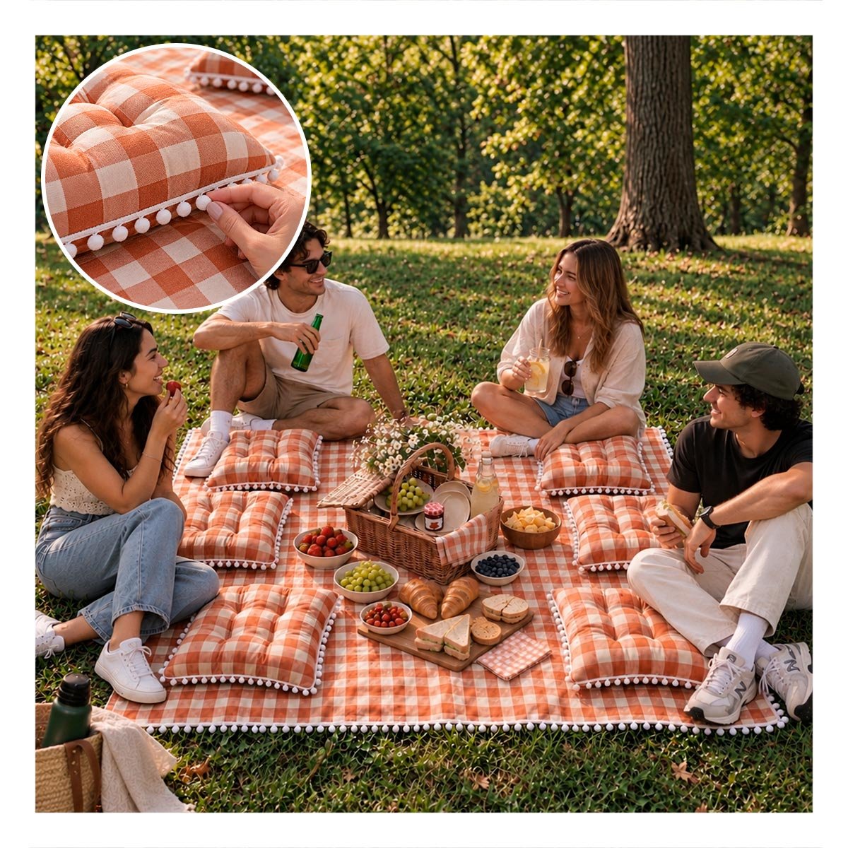 LONA PICNIC Y 4 COJINES CON POMPONES PARA JUGAR EN LOS HOGARES DE FAMILIA Y REGALO STICKER - 1