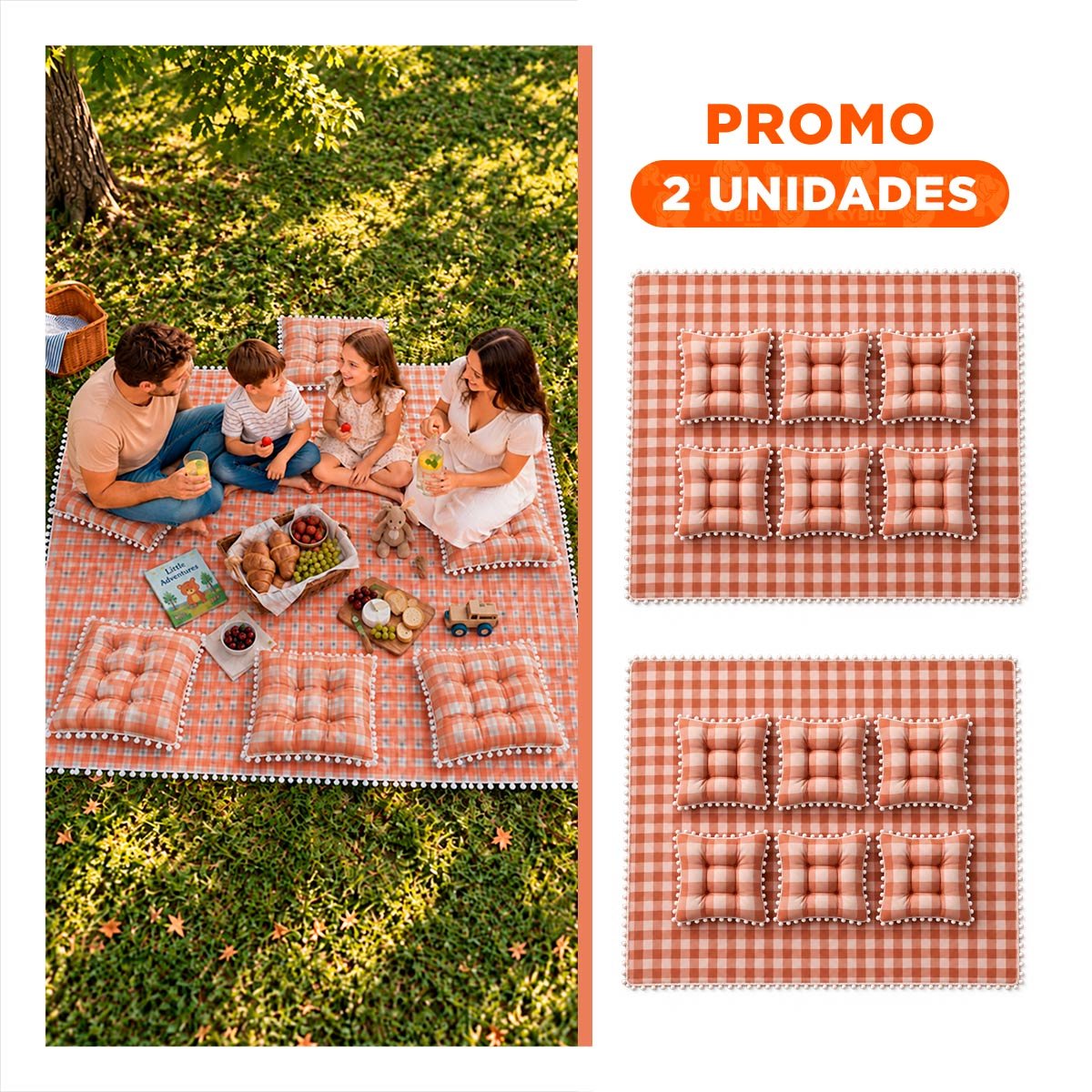 PACK2 COMBO PICNIC Y 4 COJINES CON POMPONES PARA JUGAR EN CASAS CON LA FAMILIA - 1