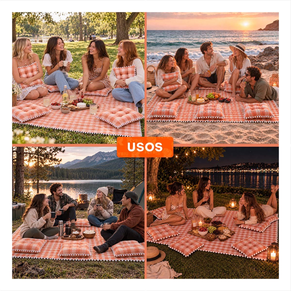 ESTERA PICNIC Y 4 COJINES CON POMPONES PARA EL DESCANSO EN CASA Y STICKY - 3
