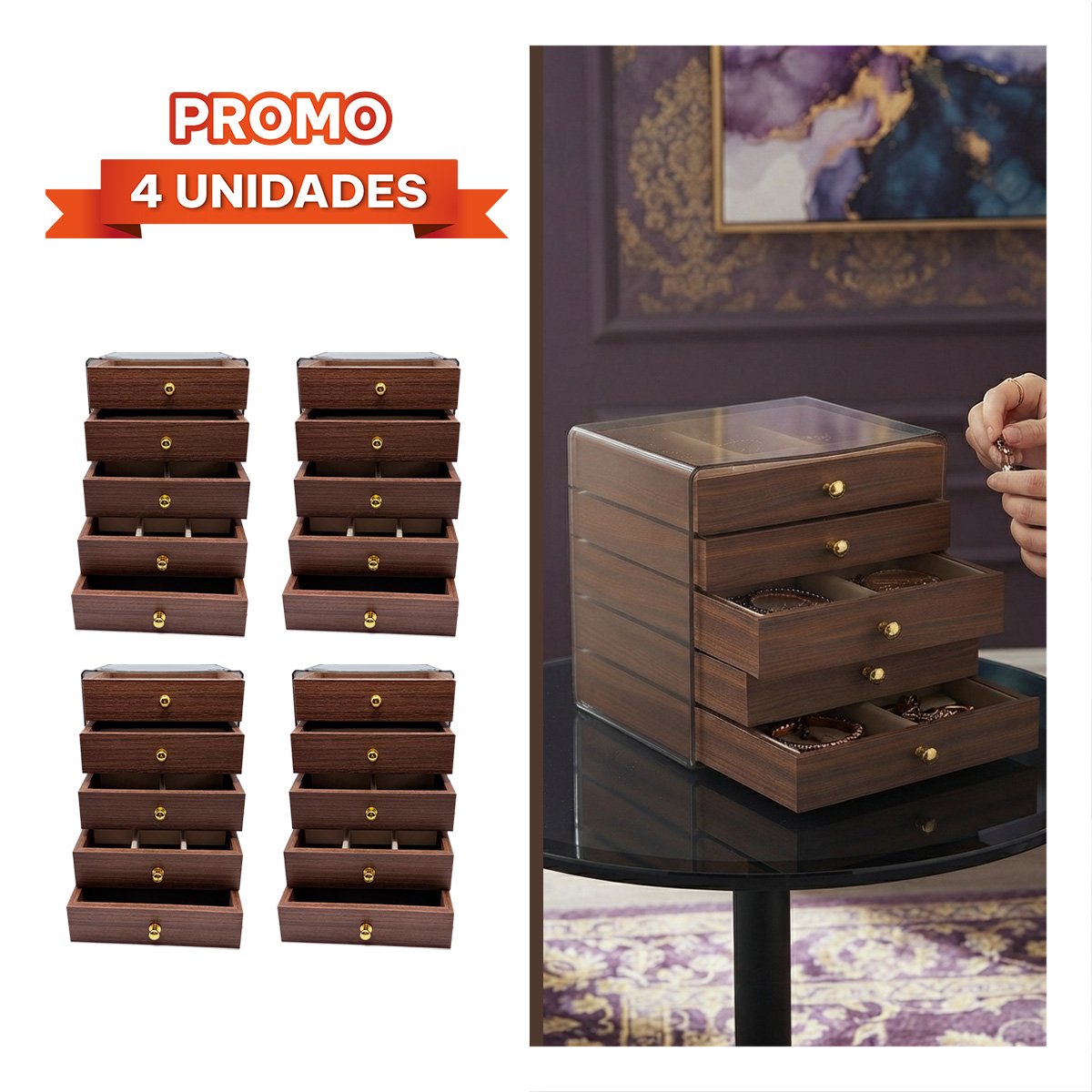 PACK4 JOYERO CON 5 NIVELES DE MADERA 13X15X18.5CM MARRON - 1