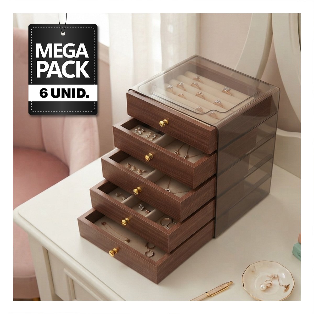 PACK6 ORGANIZADOR DE ACCESORIOS CON CAJONES 13X15X18.5CM MARRON YPAPEL REGALO - 1
