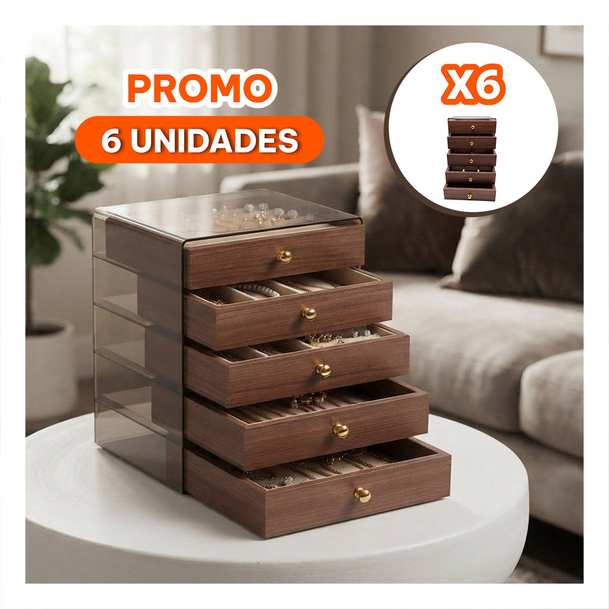 PACK6 ORGANIZADOR PARA JOYAS CON DIVISIONES 13X15X18.5CM MARRON - 1