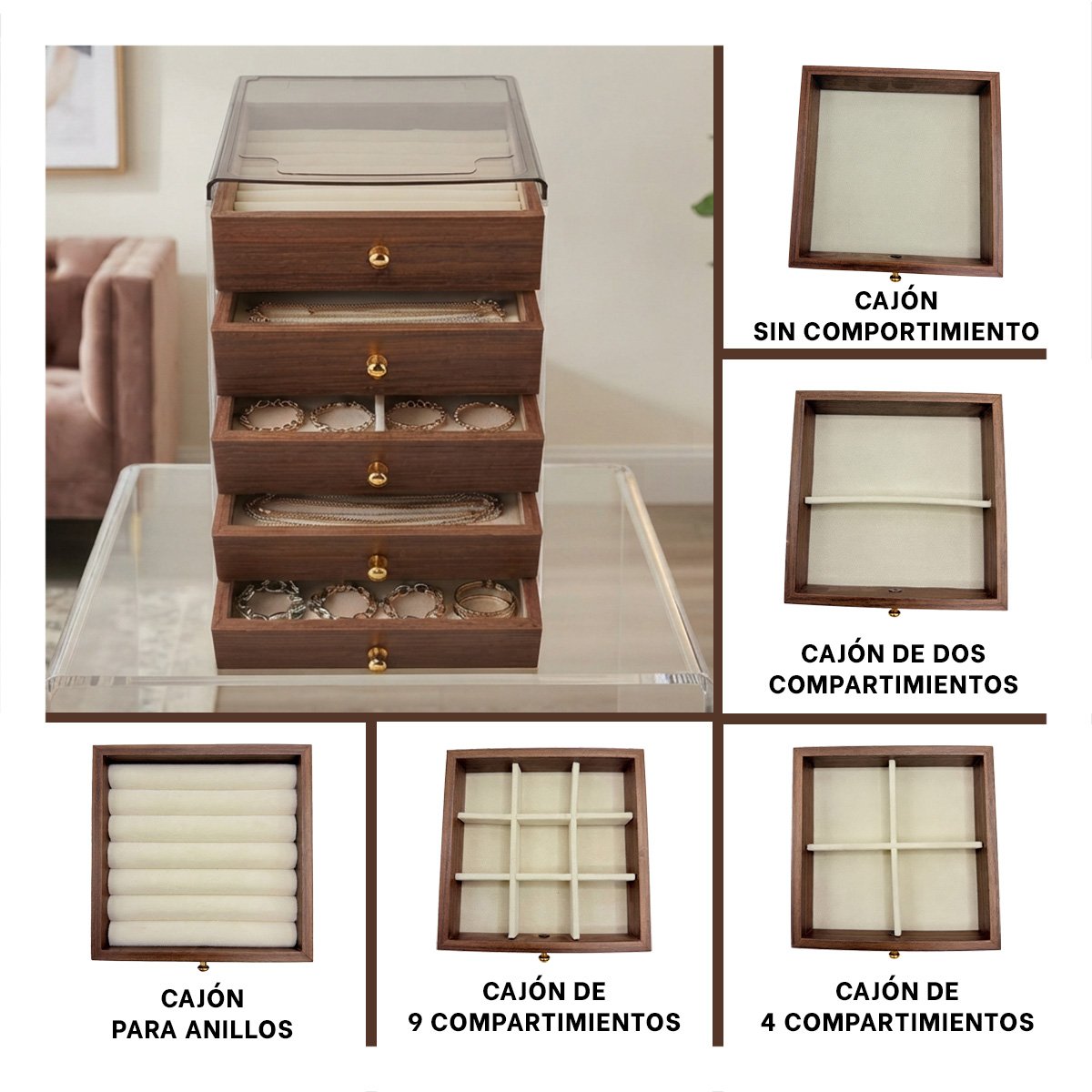 PACK6 ORGANIZADOR PARA JOYAS CON DIVISIONES 13X15X18.5CM MARRON - 4
