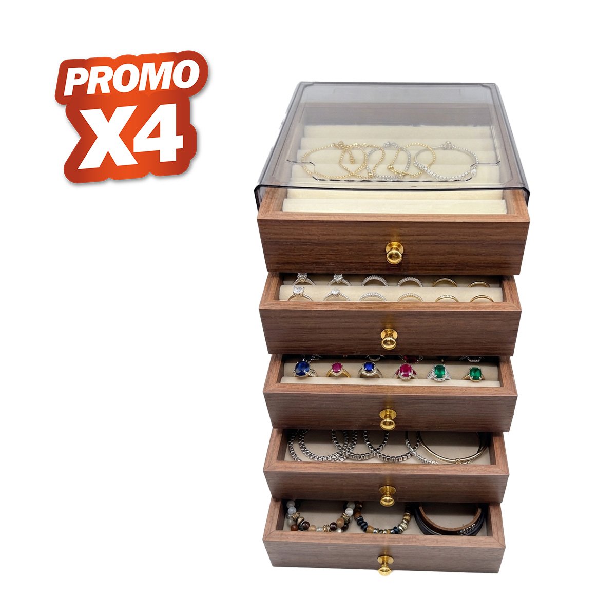PACK4 ORGANIZADOR DE JOYAS CON CAJONES 13X15X18.5CM MARRON YREGALO STICKER - 1