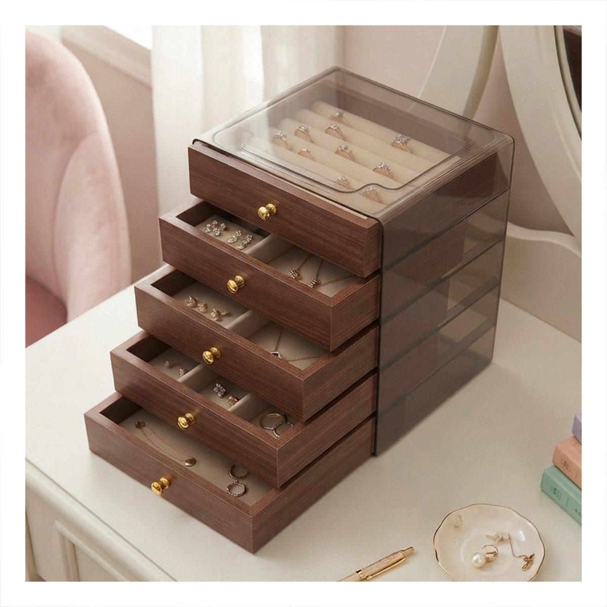 PACK2 MUEBLE ORGANIZADOR DE JOYAS CON DIVISIONES 13X15X18.5CM MARRON YPAPEL REGALO - 2