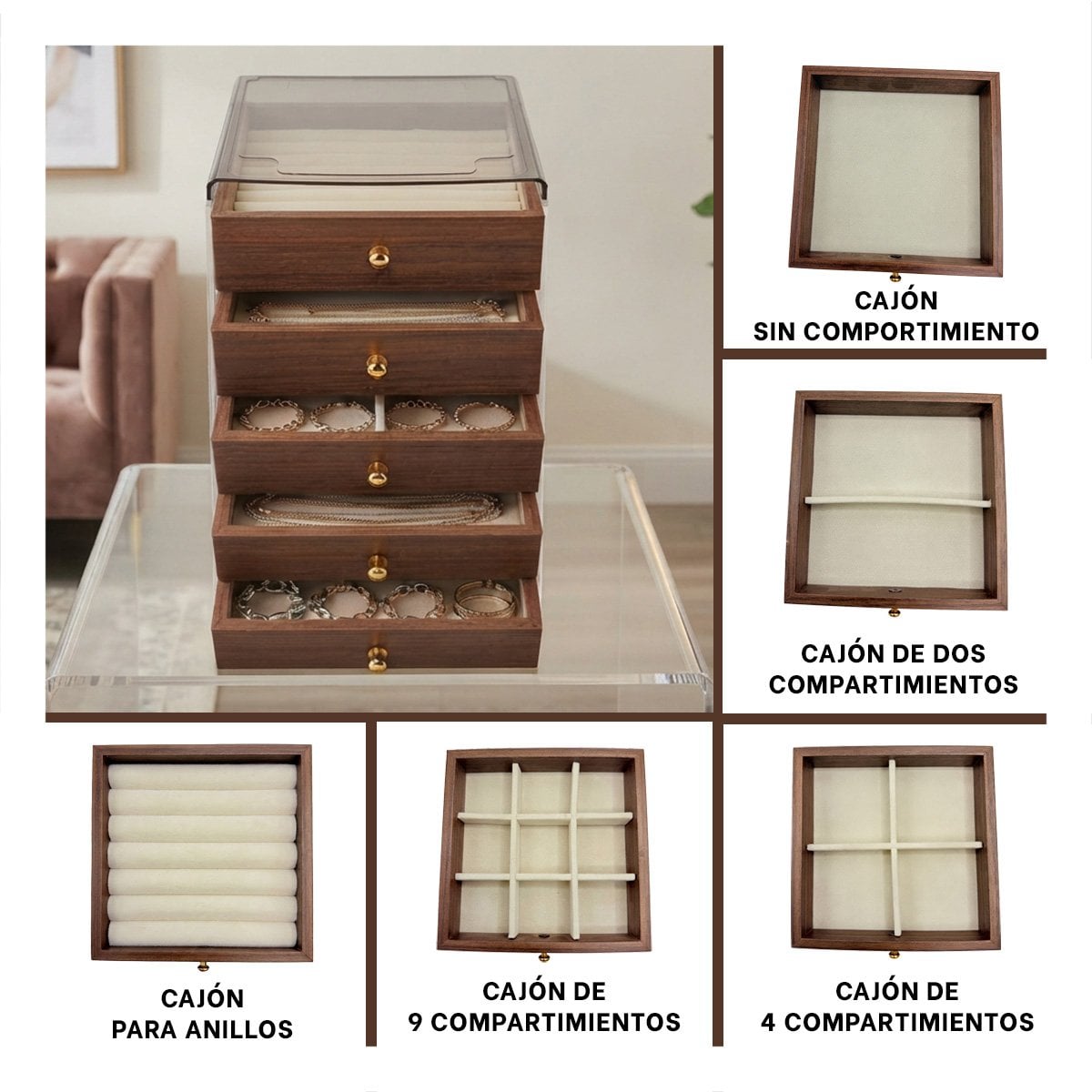 ALHAJERO CON 5 NIVELES DE MADERA 13X15X18.5CM MARRON Y PAPEL REGALO - 2
