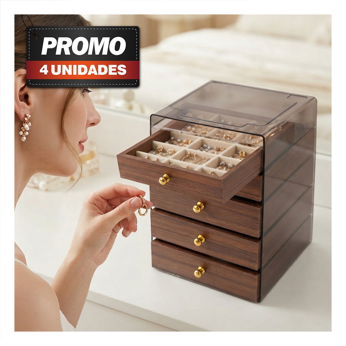 PACK4 ORGANIZADOR DE JOYAS EN MADERA 13X15X18.5CM MARRON YPAPEL REGALO - 1