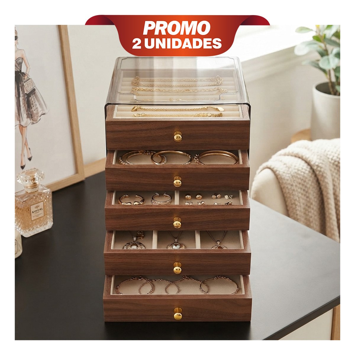 PACK2 JOYERO DE 5 NIVELES EN MADERA 13X15X18.5CM MARRON YREGALO STICKER - 1