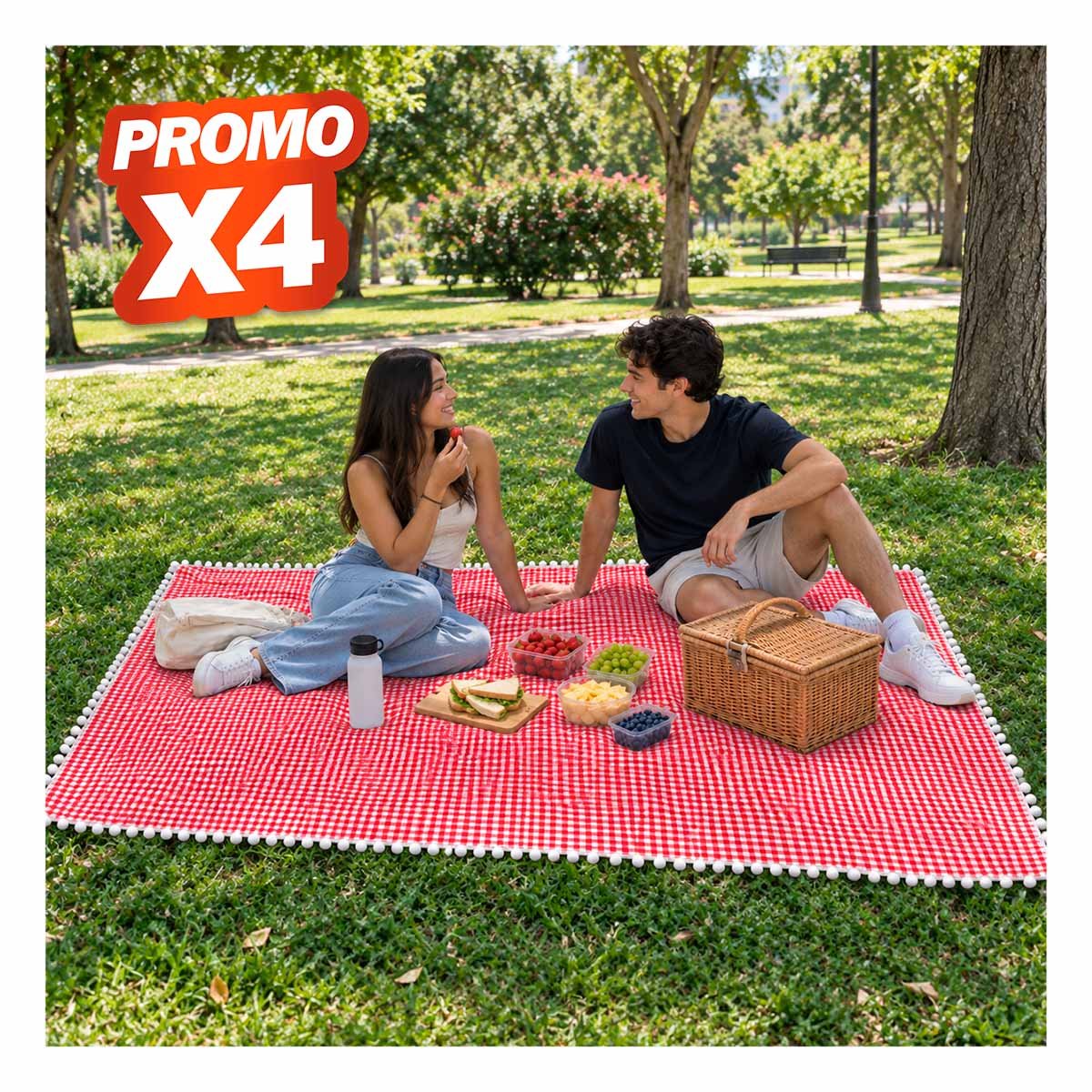 PACK4 CUBIERTA PICNIC PARA PASEOS BORDE DE MINI POMPONES UNICO ROJO Y BLANCO YREGALO STICKER - 1