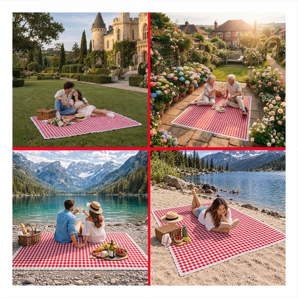 PACK4 LONA PICNIC CON BORDE DE ENCAJE PARA COMPARTIR EN FAMILIA ROJO Y BLANCO - 4