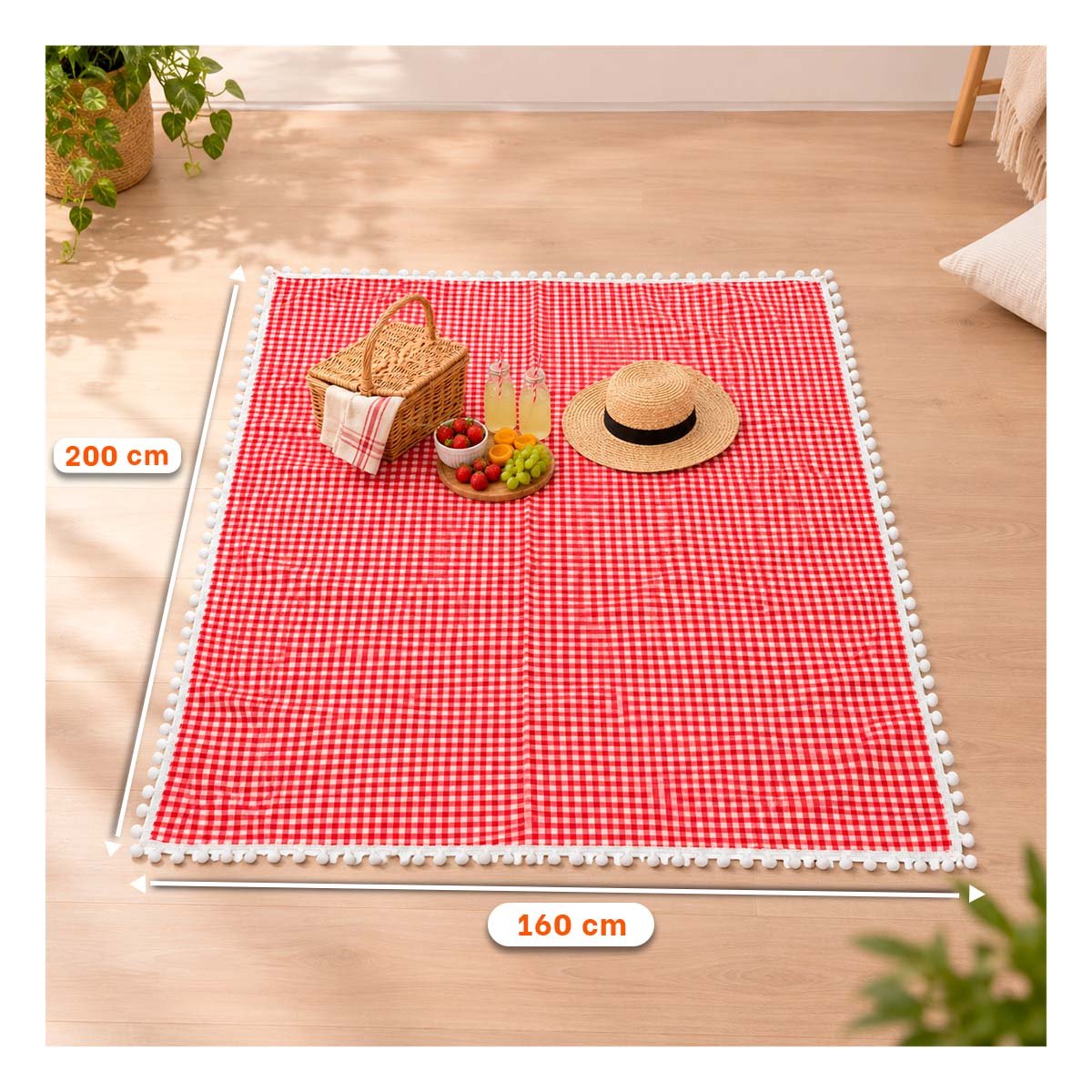 CUBIERTA PICNIC PARA SALIDAS AL AIRE LIBRE BORDE DE MINI POMPONES ROJO Y BLANCO Y LIGAS REGALO - 3