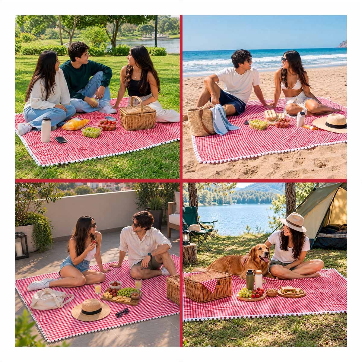 MANTA PICNIC CON BORDE DE MINI POMPONES PARA DISFRUTAR EN FAMILIA ROJO Y BLANCO Y STICKY - 3