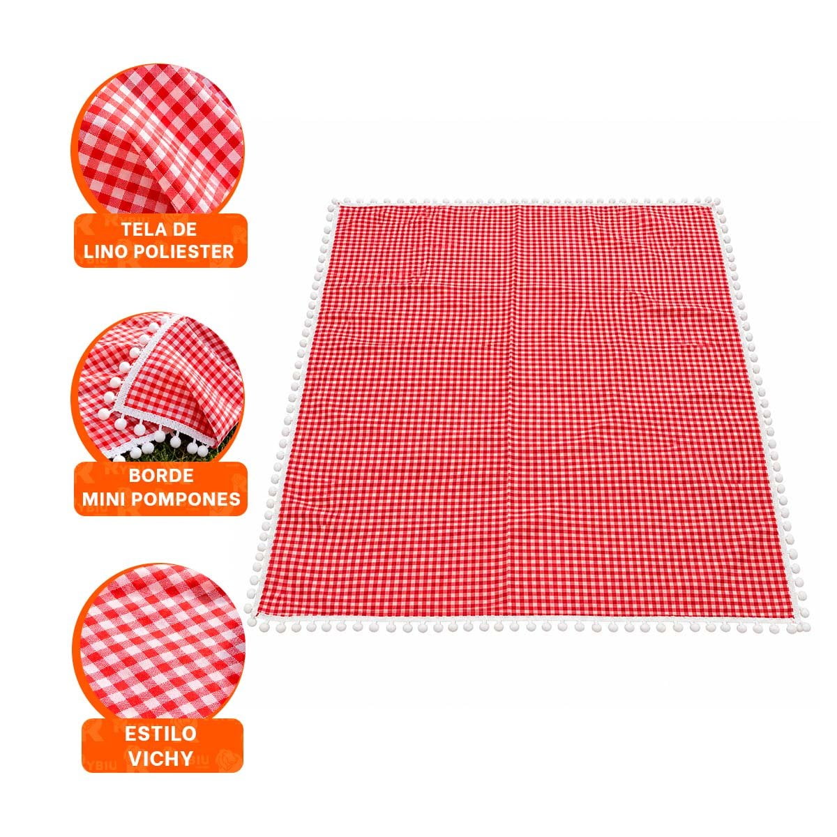 MANTA PICNIC CON BORDE DE MINI POMPONES PARA DISFRUTAR EN FAMILIA ROJO Y BLANCO Y STICKY - 4