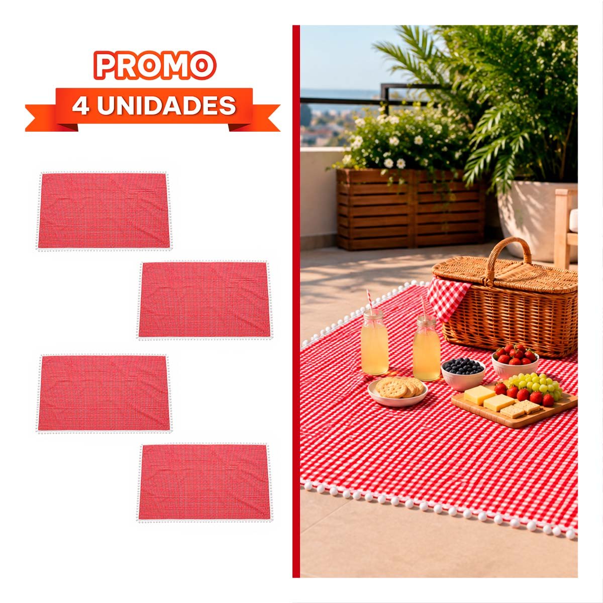 PACK4 LONA PICNIC CON BORDE DE MINI POMPONES PARA USO EN EL HOGAR UTIL ROJO Y BLANCO - 1