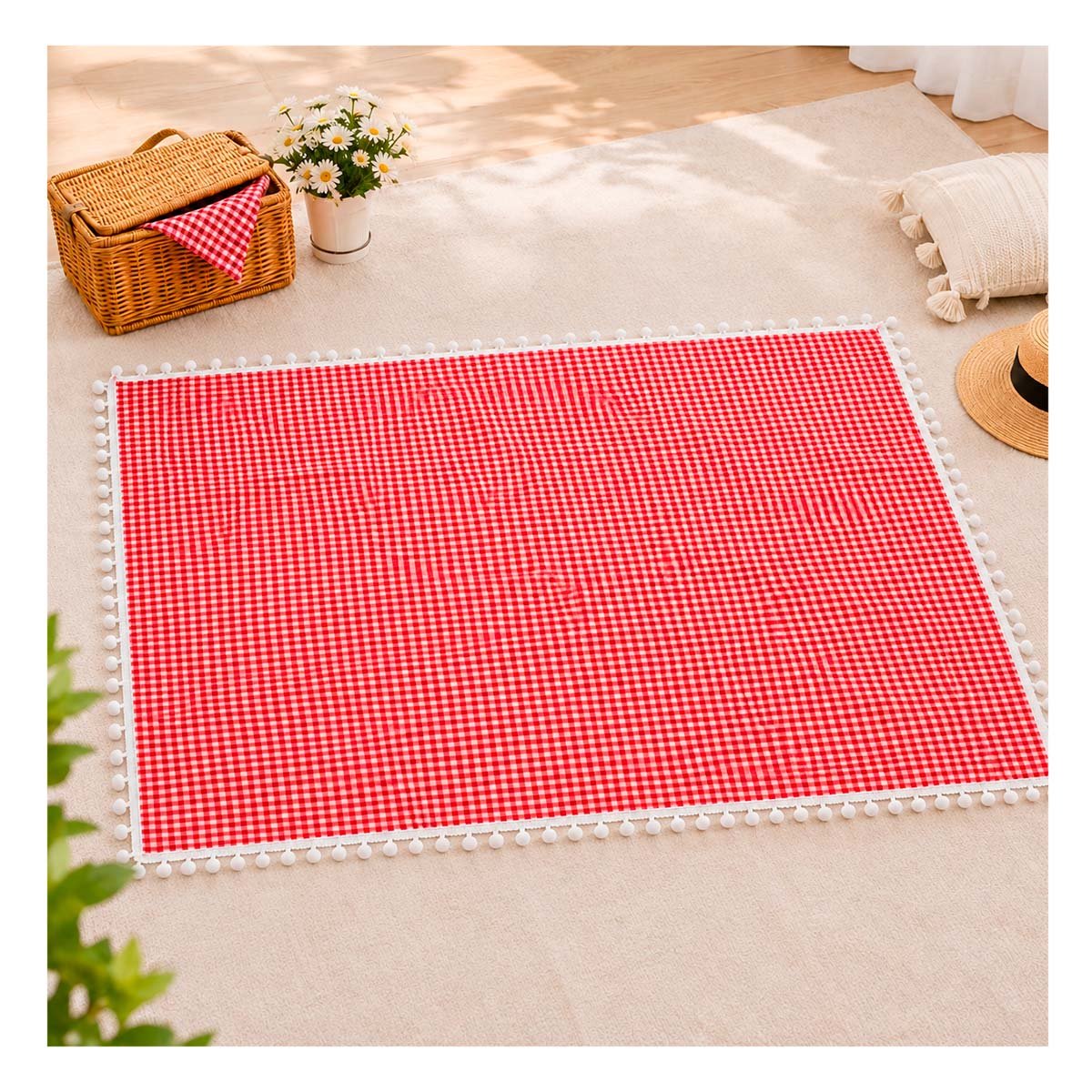 PACK4 LONA PICNIC CON BORDE DE MINI POMPONES PARA USO EN EL HOGAR UTIL ROJO Y BLANCO - 2