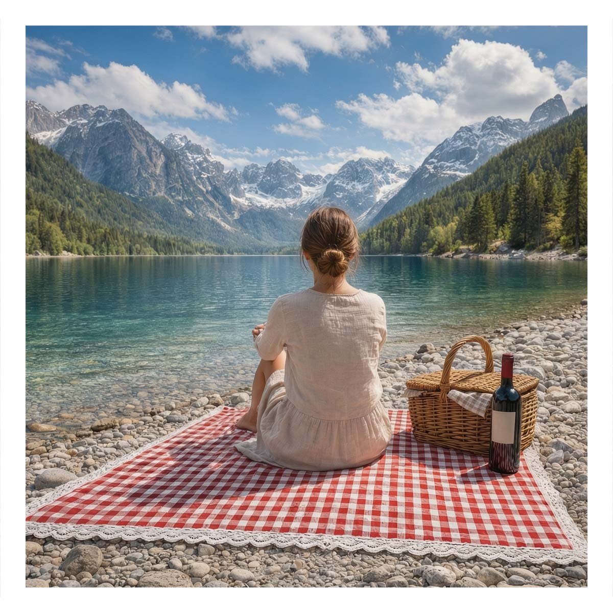 LONA PICNIC CON BORDE DE ENCAJE PARA SALIDAS DEL HOGAR UTIL ROJO Y BLANCO Y PAPEL REGALO - 1