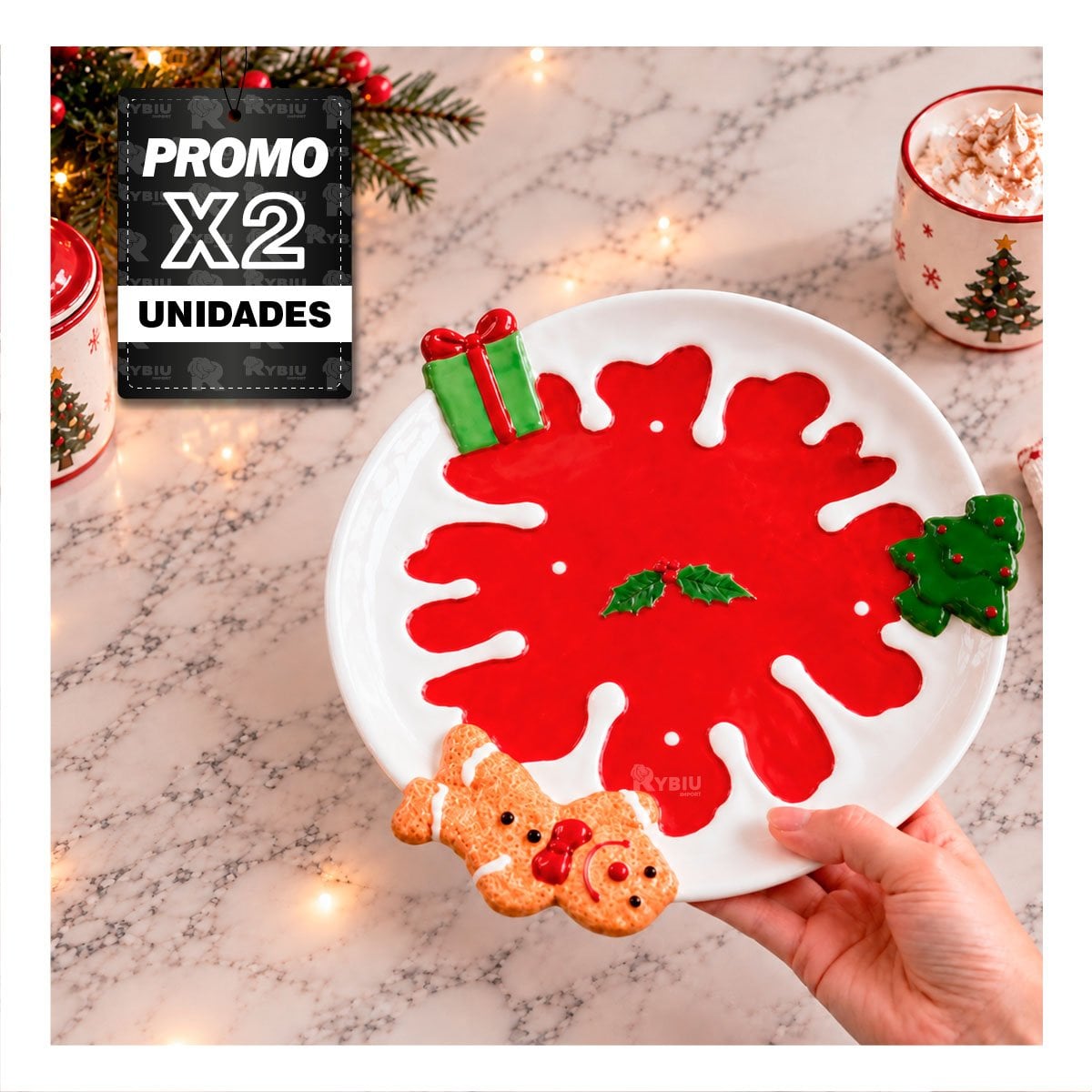 PACK2 BANDEJA PARA NAVIDAD CON COPO DE NIEVE ROJO YPAPEL REGALO - 1
