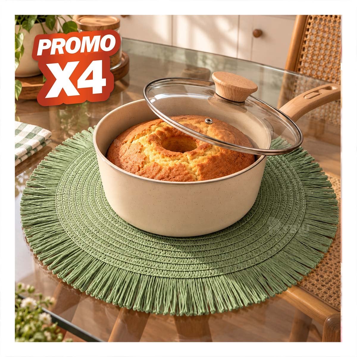 PACK4 TAPETE TEJIDO CIRCULAR DE MESA CON FLECOS VERDE - 1