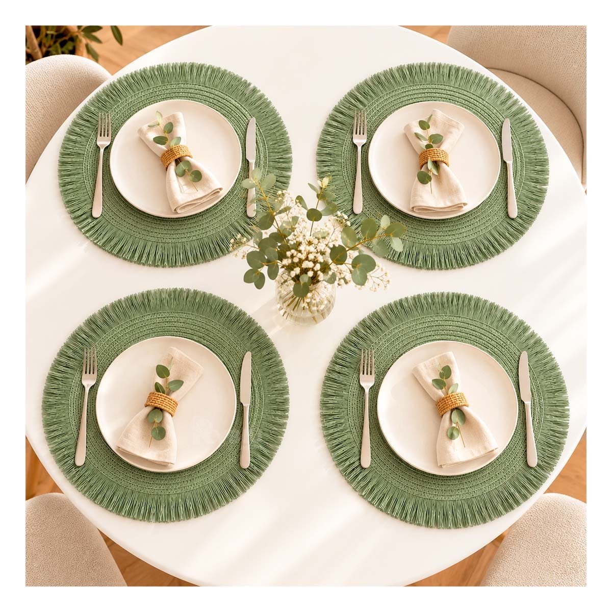 KIT 4 TAPETE DE MESA DECORATIVO TEJIDO CON FLECOS VERDE Y PAPEL REGALO - 1
